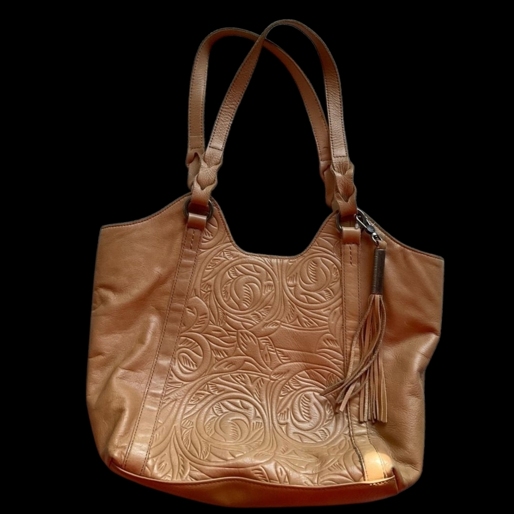 Elegant Tan Embossed Leather Tote Bag